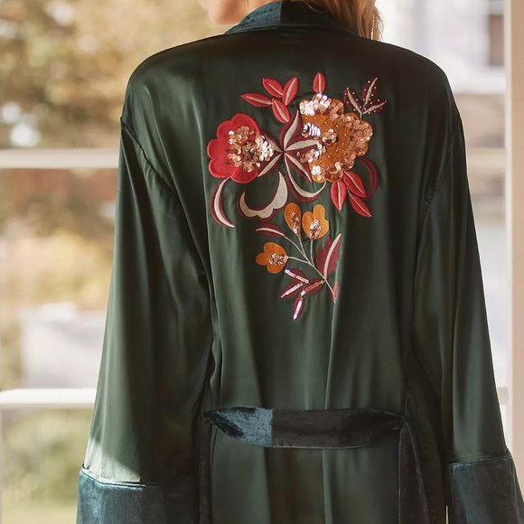 Anthropologie Other - Anthropologie Sleek Floral Sequined Robe w/ Velvet Trim Emerald Green